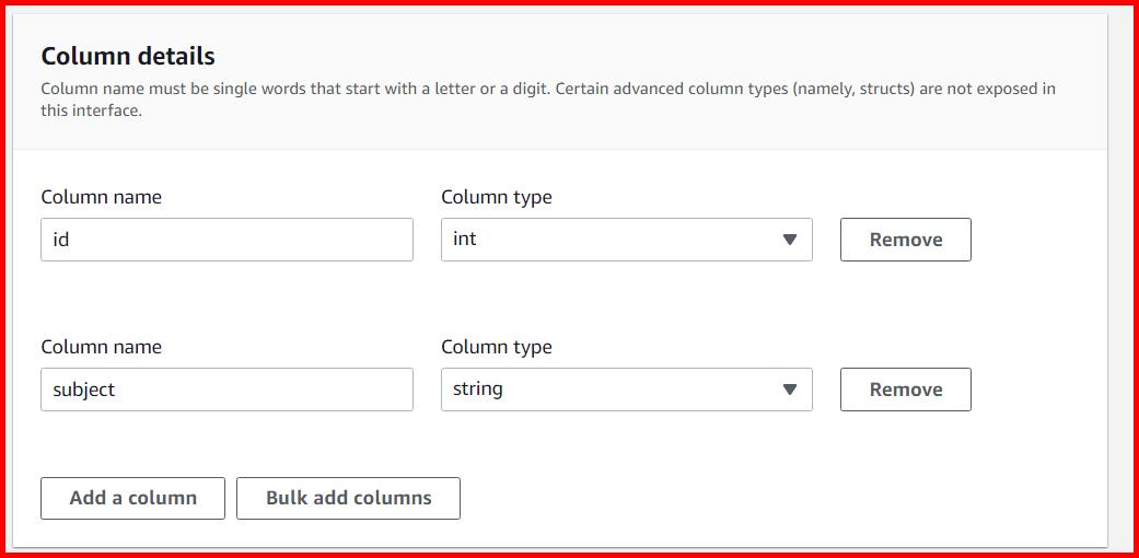 Picture showing entering the column details for the table
